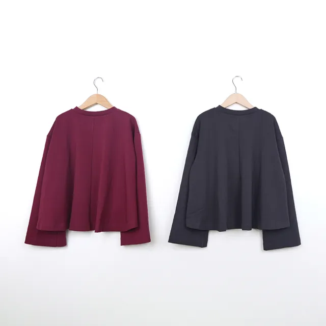 【MASTINA】圓領大荷葉短版衛衣長袖上衣(紅 灰)