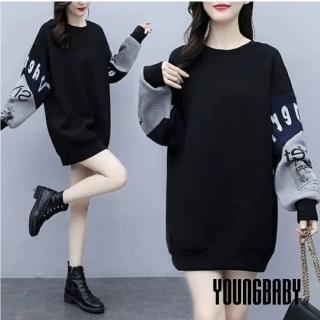 【YOUNGBABY】圓領袖拼接英文印花加絨加厚中長版上衣 中大尺碼女裝