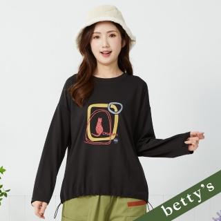 【betty’s 貝蒂思】亮粉貓咪印花抽繩長袖T-shirt(黑色)
