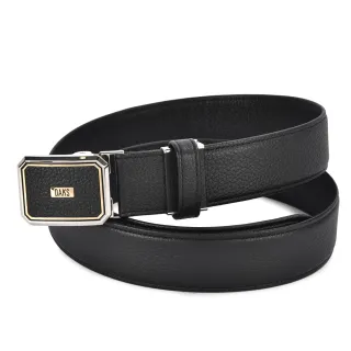【DAKS】經典LOGO金邊皮飾釦頭荔枝紋皮革夾扣式皮帶(黑色)