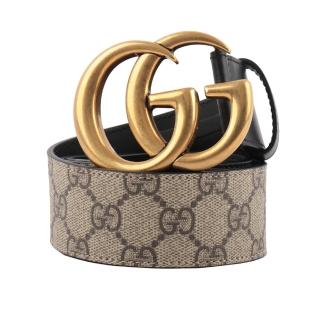 【GUCCI 古馳】霧金雙G Logo 防水皮革拼牛皮皮帶 寬4cm(米色/黑色)