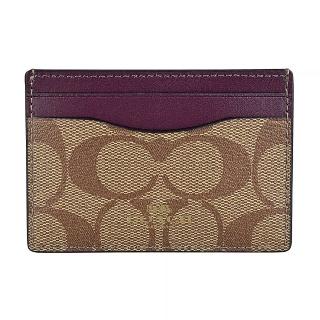 【COACH】COACH LOGO PVC拼接牛皮4卡卡夾(卡其x波森莓紅)
