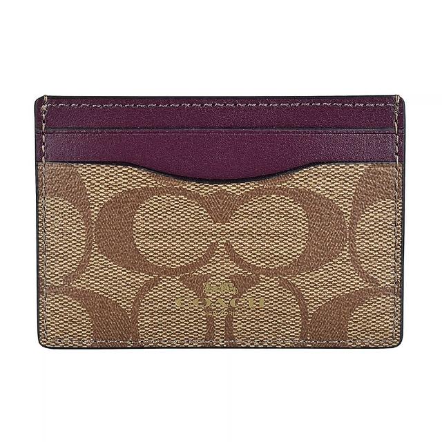 【COACH】COACH LOGO PVC拼接牛皮4卡卡夾(卡其x波森莓紅)