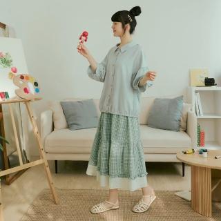【OB 嚴選】純棉格紋拼接蕾絲荷葉蛋糕裙 《CA2901》
