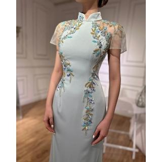 【女神婚紗禮服】極致古風透紗短袖串珠立領中式旗袍晚禮服LA72797薄荷綠(典禮宴會主持人 拉鍊款晚禮服)