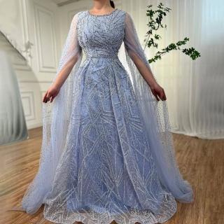 【女神婚紗禮服】極致優雅幾何雕花細鑽飛飛袖A字魚尾晚禮服LA72153粉藍色(授獎晚宴主持人 拉鍊款晚禮服)