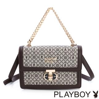 【PLAYBOY】鍊帶手提包附長背帶 復古印花系列(咖啡色)