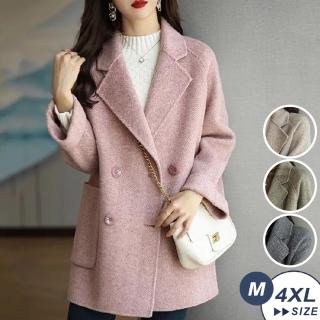 【LANNI 藍尼】★輕奢優雅人字紋厚挺毛呢中長板外套(秋冬/女大衣/毛呢外套)