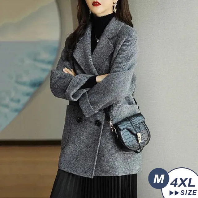 【LANNI 藍尼】★輕奢優雅人字紋厚挺毛呢中長板外套(秋冬/女大衣/毛呢外套/通勤/日系)
