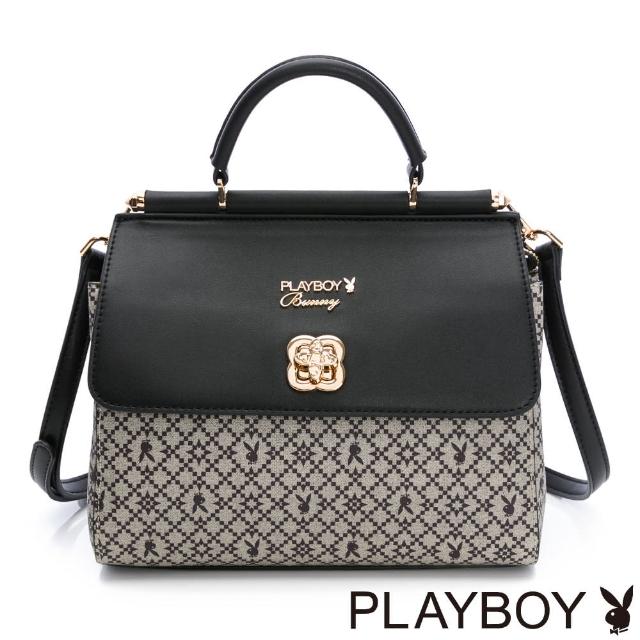 【PLAYBOY】手提包附長背帶  復古印花系列(黑色)