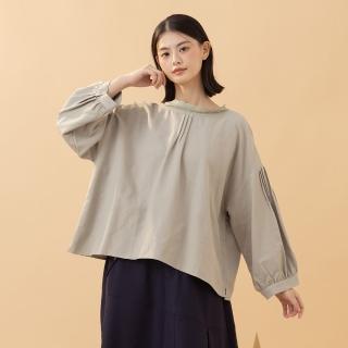 【MOSS CLUB】蕾絲領素面細褶泡泡袖長袖上衣(藍 綠)