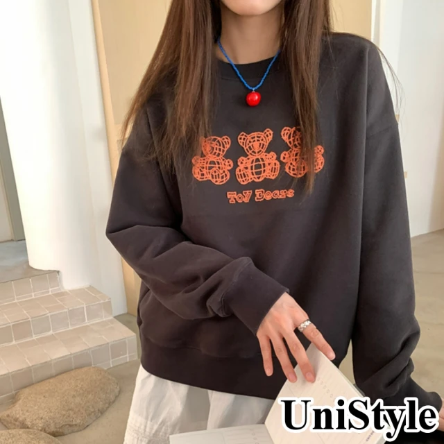 UniStyle 長袖大學T恤 韓版三隻小熊刺繡磨毛一體絨上衣 女 UP1987(深灰)