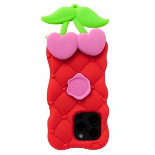 【Candies】iPhone 16 Pro 適用6.3吋 菱格紋愛心櫻桃手機殼(紅)