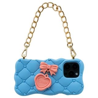【Candies】iPhone 16 Pro Max 適用6.9吋 融化愛心菱格紋晚宴包(藍)