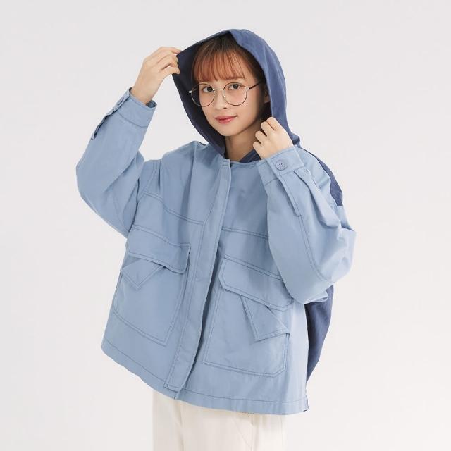【Simply Yours 類似簡約】連帽拼色外套 藍F(連帽拼色外套)