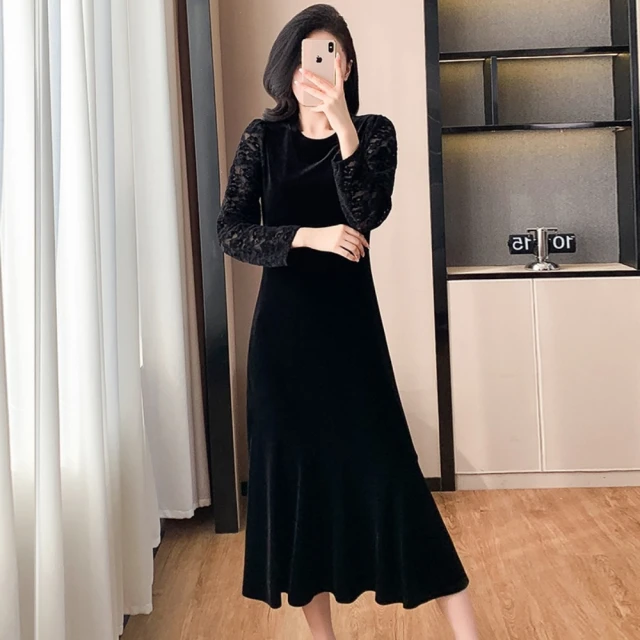 米蘭精品 洋裝長袖連身裙(氣質范大碼藏肉寬鬆秋季女裙子74j