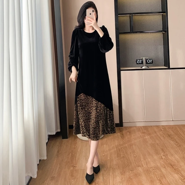 米蘭精品 洋裝長袖連身裙(優雅氣質范藏肉寬鬆大碼女裙子74j