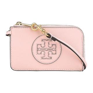 【TORY BURCH】TORY BURCH Ella Bio圓形皮標LOGO牛皮4卡拉鍊腕帶卡夾零錢包(腮粉紅)