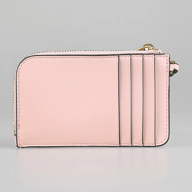 【TORY BURCH】TORY BURCH Ella Bio圓形皮標LOGO牛皮4卡拉鍊腕帶卡夾零錢包(腮粉紅)