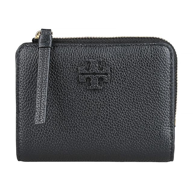 【TORY BURCH】TORY BURCH Mcgraw皮革雙T字LOGO荔枝紋小牛皮內外撞色設計6卡壓釦式拉鍊零錢短夾(黑)