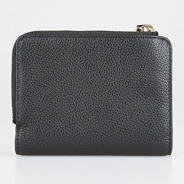 【TORY BURCH】TORY BURCH Mcgraw皮革雙T字LOGO荔枝紋小牛皮內外撞色設計6卡壓釦式拉鍊零錢短夾(黑)