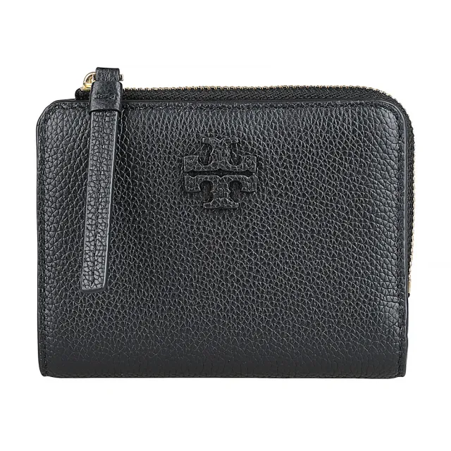 【TORY BURCH】TORY BURCH Mcgraw皮革雙T字LOGO荔枝紋小牛皮內外撞色設計6卡壓釦式拉鍊零錢短夾(黑)