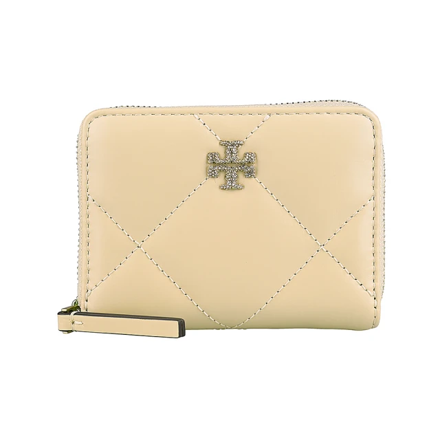 TORY BURCH TORY BURCH Kira水晶雙T字LOGO納帕皮革絎縫菱格4卡拉鍊零錢包(小/奶油米)