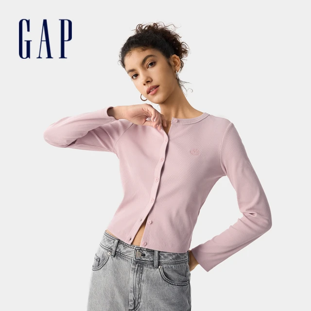 GAP 女裝 Logo刺繡羅紋圓領針織外套 女友T系列-淡粉色(730210)