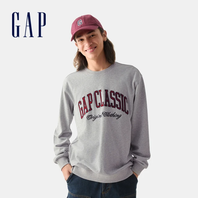 GAP 男裝 Logo刺繡圓領大學T 碳素軟磨法式圈織系列-淺灰色(721298)