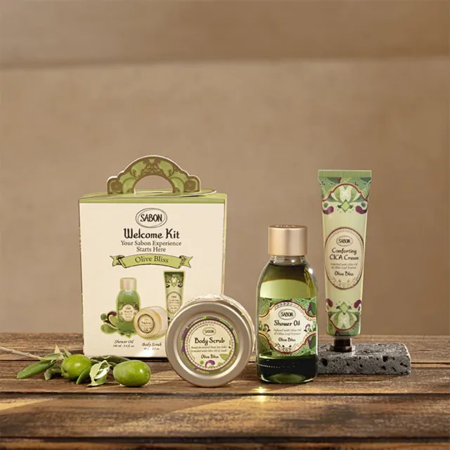 【SABON】官方直營 盛宴橄欖明星三部曲推薦組(沐浴油 100ml+身體磨砂膏 60g+積雪草修護霜 30ml)