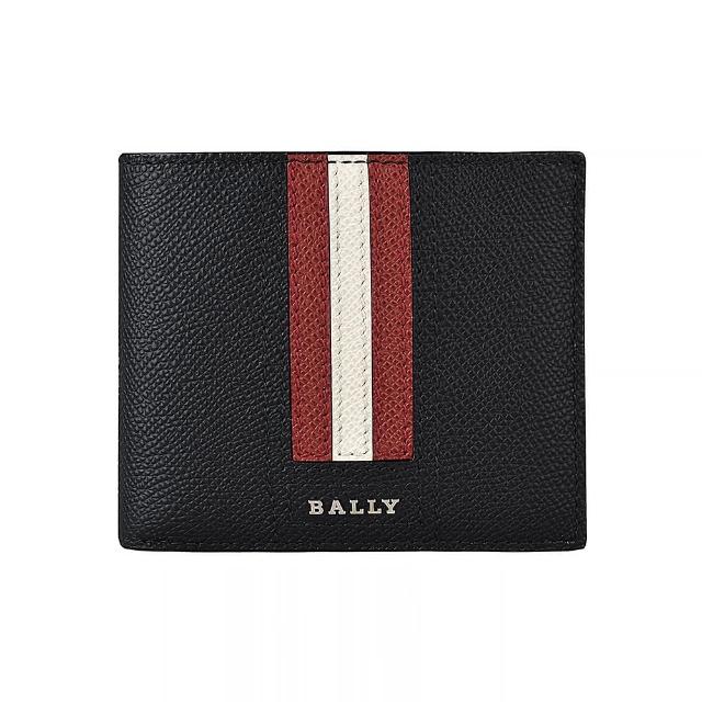 【BALLY】BALLY TONETT金屬LOGO牛皮紅白條紋設計5卡短夾(黑)