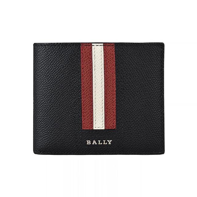 【BALLY】BALLY TONETT金屬LOGO牛皮紅白條紋設計5卡短夾(黑)