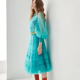 【iROO】碧海藍網紗裙