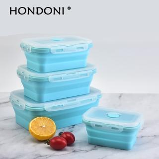 【HONDONI】廚房拾光 矽膠摺疊保鮮盒四件組+雙口保冷保溫袋(水藍色)