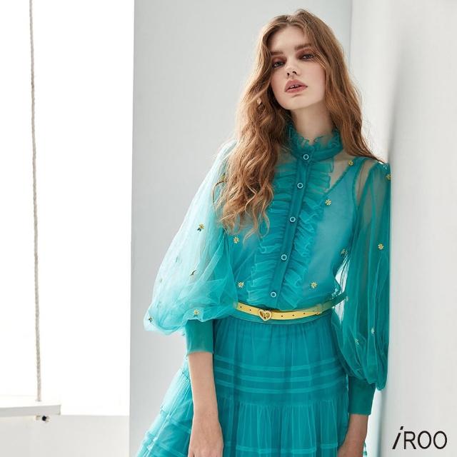 【iROO】碧海藍網紗刺繡上衣
