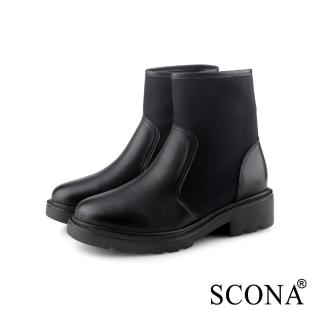 【SCONA 蘇格南】真皮 經典拼接萊卡短靴(黑色 8811-1)