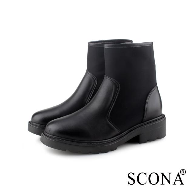 【SCONA 蘇格南】真皮 經典拼接萊卡短靴(黑色 8811-1)