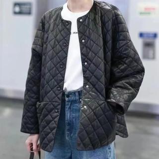 【巴黎精品】現貨+預購 真皮皮衣羊皮外套(保暖合身菱格紋圓領綿羊皮女外套a1dt49)