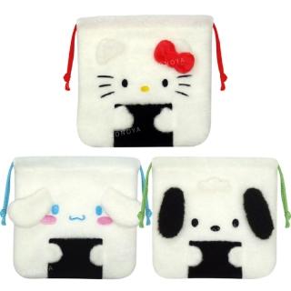 【小禮堂】Sanrio 三麗鷗 絨毛造型束口袋 - 飯糰款 Kitty 大耳狗 帕恰狗(平輸品)