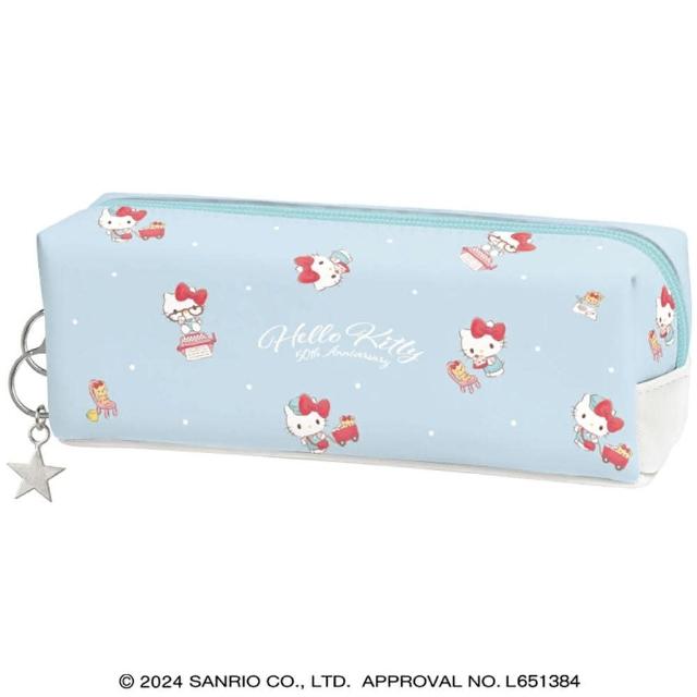 【小禮堂】母親節禮物 Sanrio 三麗鷗 Hello Kitty 皮質方形化妝包 - 藍點點款(平輸品)
