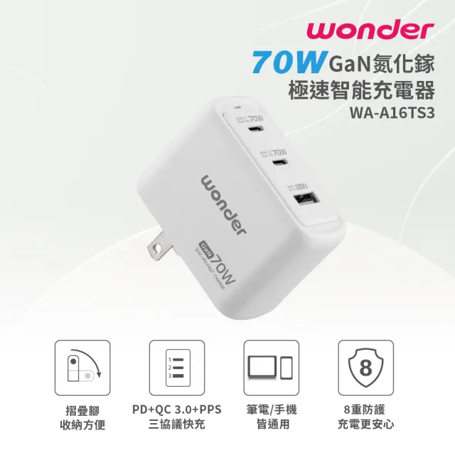 【WONDER 旺德】70W GaN氮化鎵極速智能充電器 WA-A16TS3