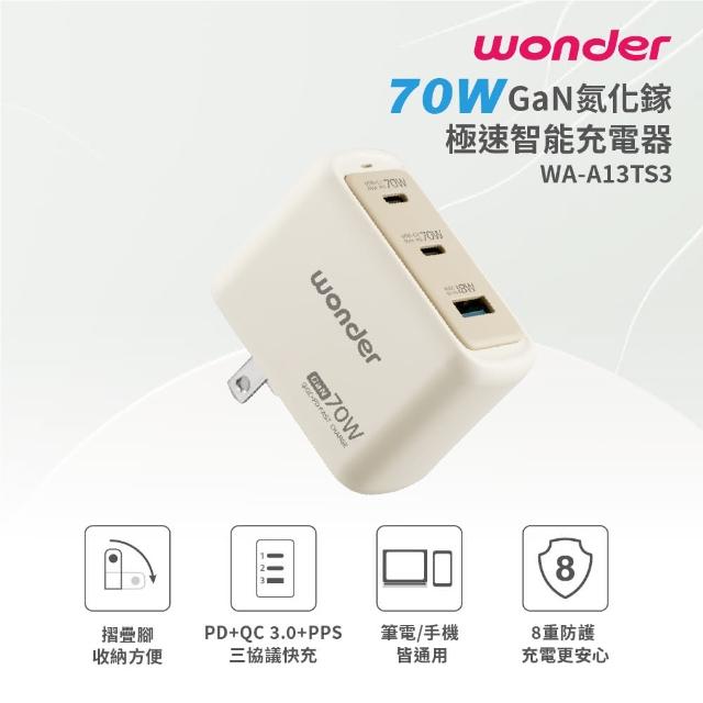 【WONDER 旺德】70W GaN氮化鎵極速智能充電器 WA-A13TS3