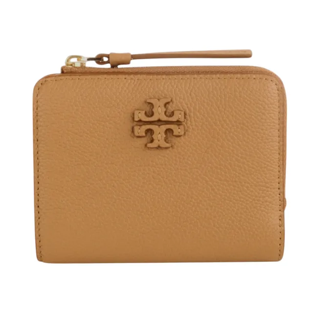 【TORY BURCH】立體皮雕TB 皮革拉鍊暗釦短夾(淺駝)