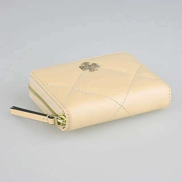 【TORY BURCH】TORY BURCH Kira水晶雙T字LOGO納帕皮革絎縫菱格4卡拉鍊零錢包(小/奶油米)