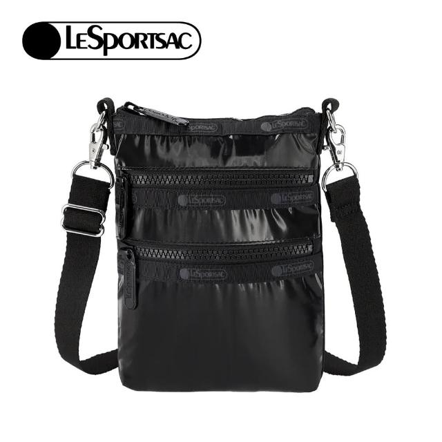 【Lesportsac】三層拉鍊斜背包 手機包 母親節 送禮 禮物(亮面黑)