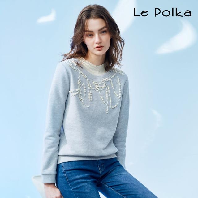 【Le Polka】珍珠裝飾長袖保暖上衣-女