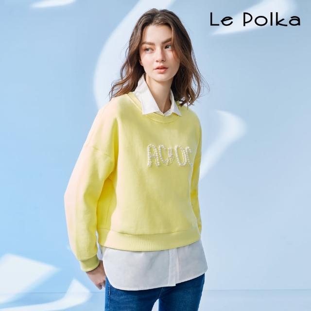 【Le Polka】珍珠文字落肩長袖上衣-女