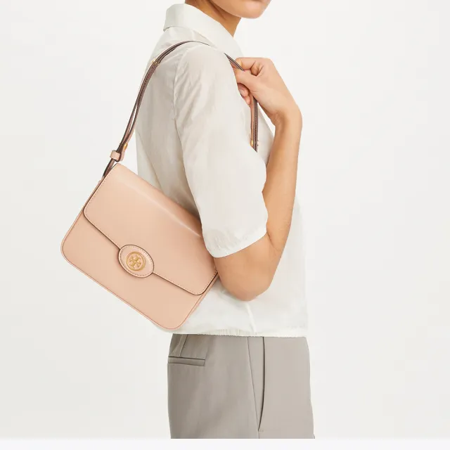 【TORY BURCH】專櫃經典款 漆皮翻蓋簡約經典雙T LOGO斜背包/側背包 粉紅色(附原廠防塵袋)