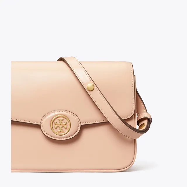 【TORY BURCH】專櫃經典款 漆皮翻蓋簡約經典雙T LOGO斜背包/側背包 粉紅色(附原廠防塵袋)