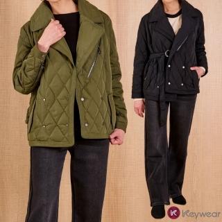 【KeyWear 奇威名品】翻領衍縫菱格羽絨外套(共2色)